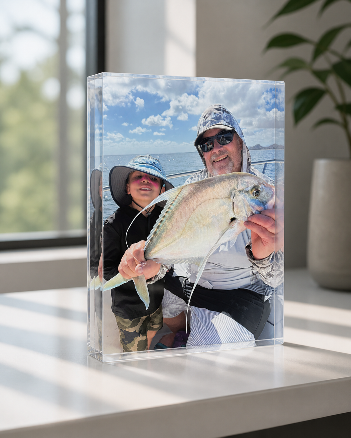 Illustrative acrylic-block mockup displaying a family fishing photo