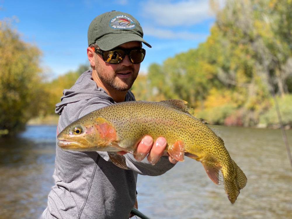 Angler presenting a trout toward the camera