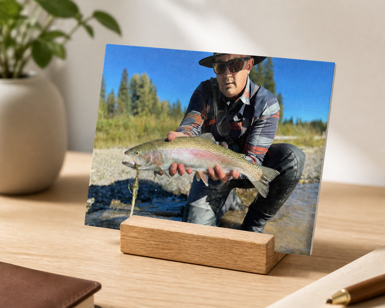 TrophyPic Shelf Stand featuring a solo trout catch on a desk